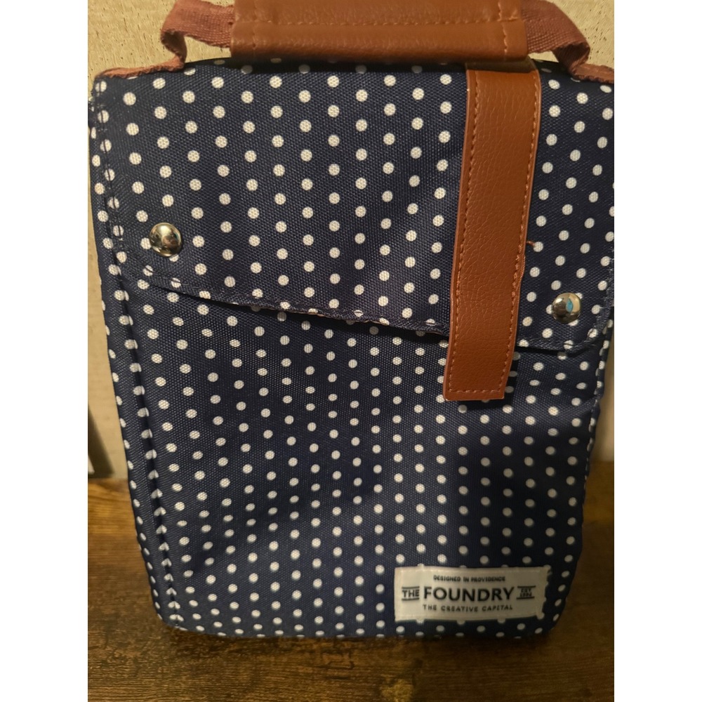 The Foundry Insulated Lunch Bag Navy Blue White Polka Dot Brown Snap Closure
